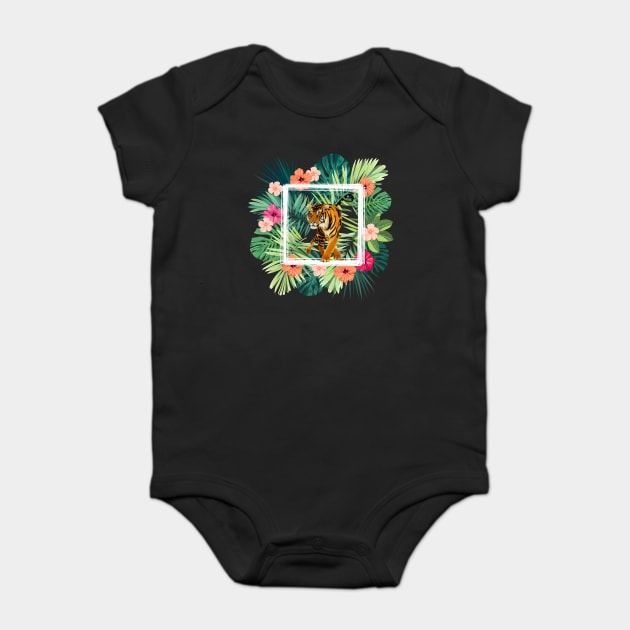 Tiger Big Cat, Tropical Palm Leaves Floral Baby Bodysuit by logiamerch